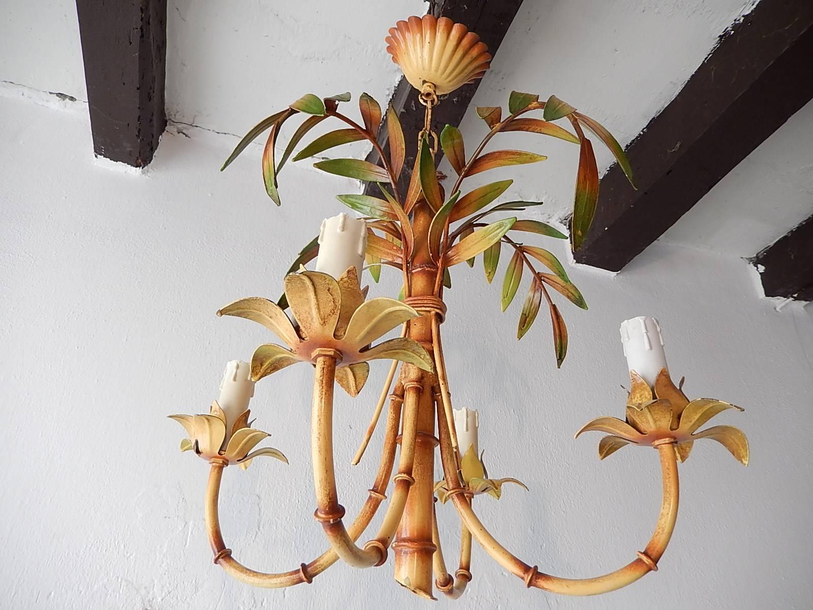  1950 French Tole Palm Tree Four-Light Chandelier 4