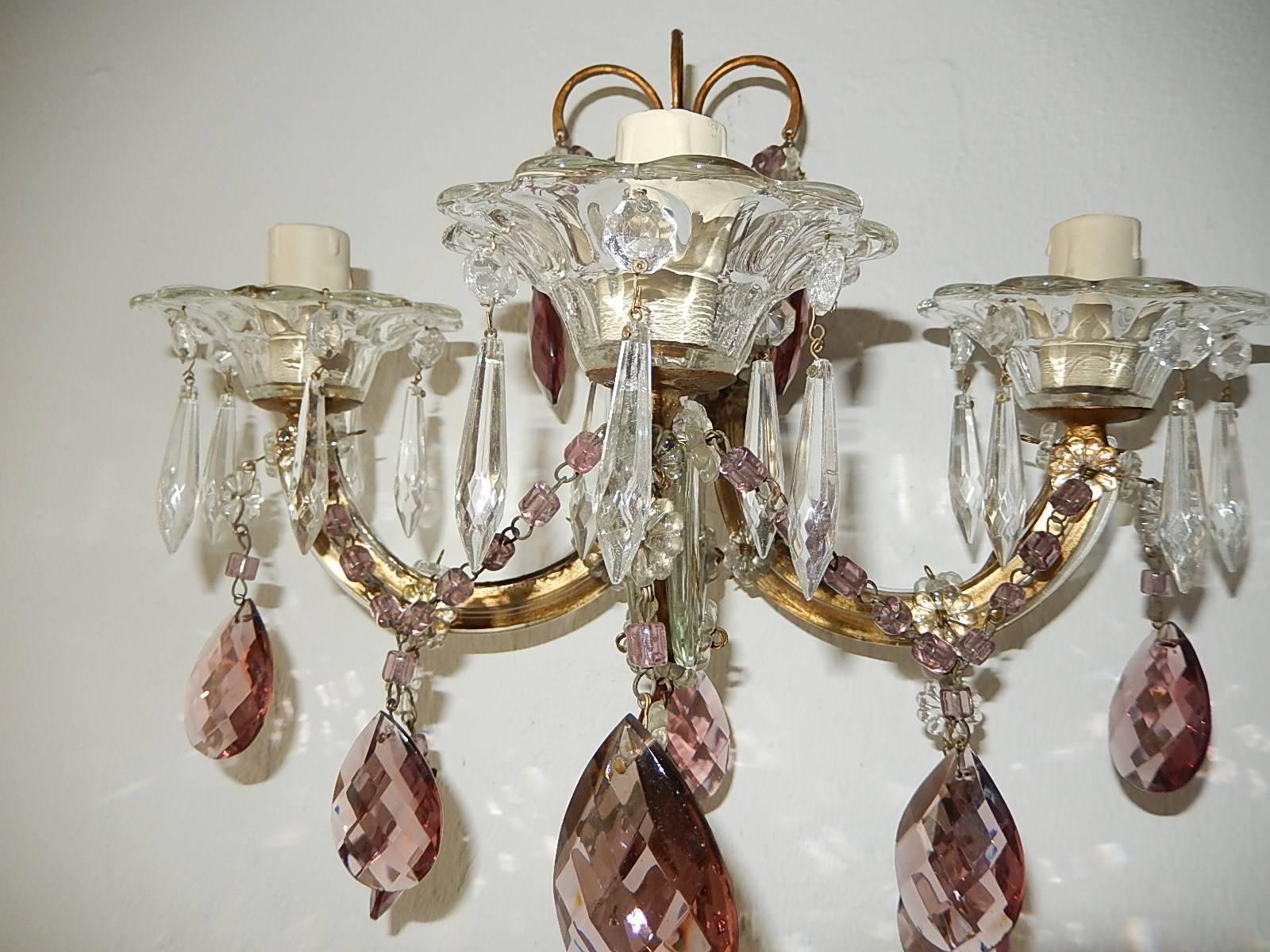 Early 20th Century 1920 French Purple Crystal Prisms and Swags Sconces