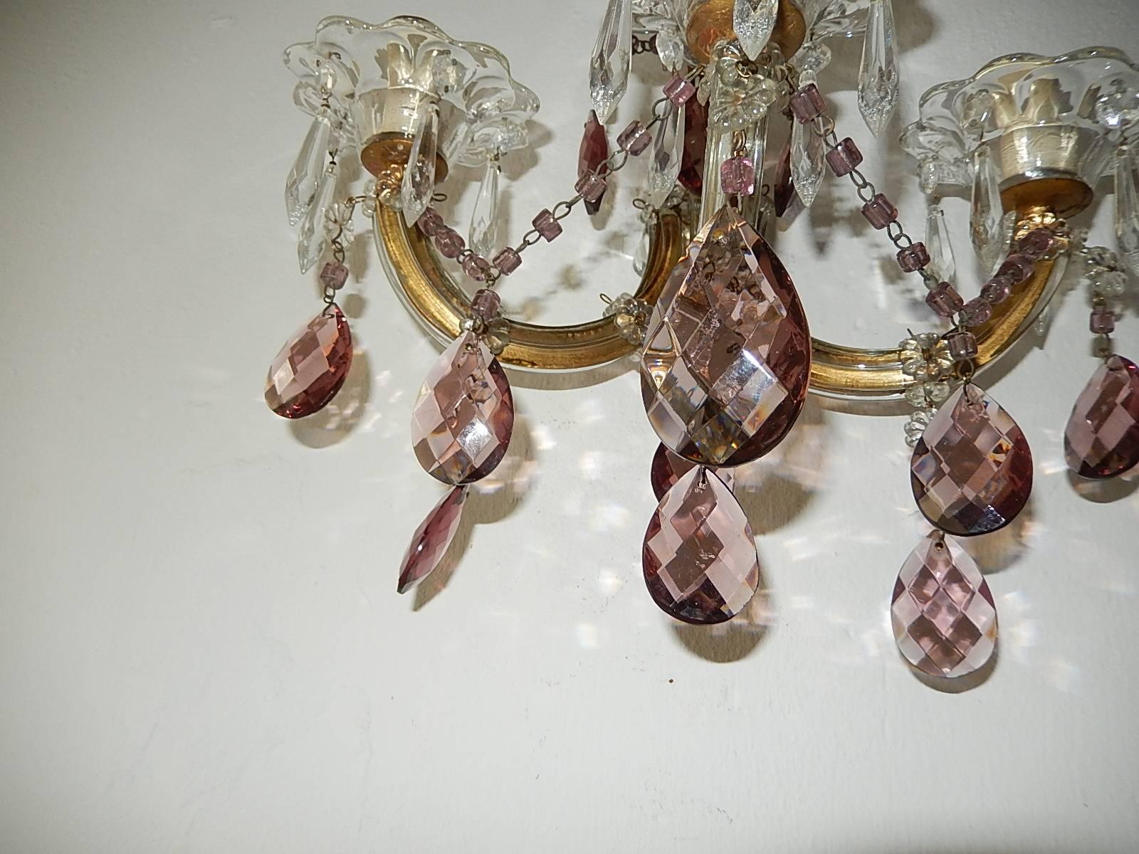 Murano Glass 1920 French Purple Crystal Prisms and Swags Sconces