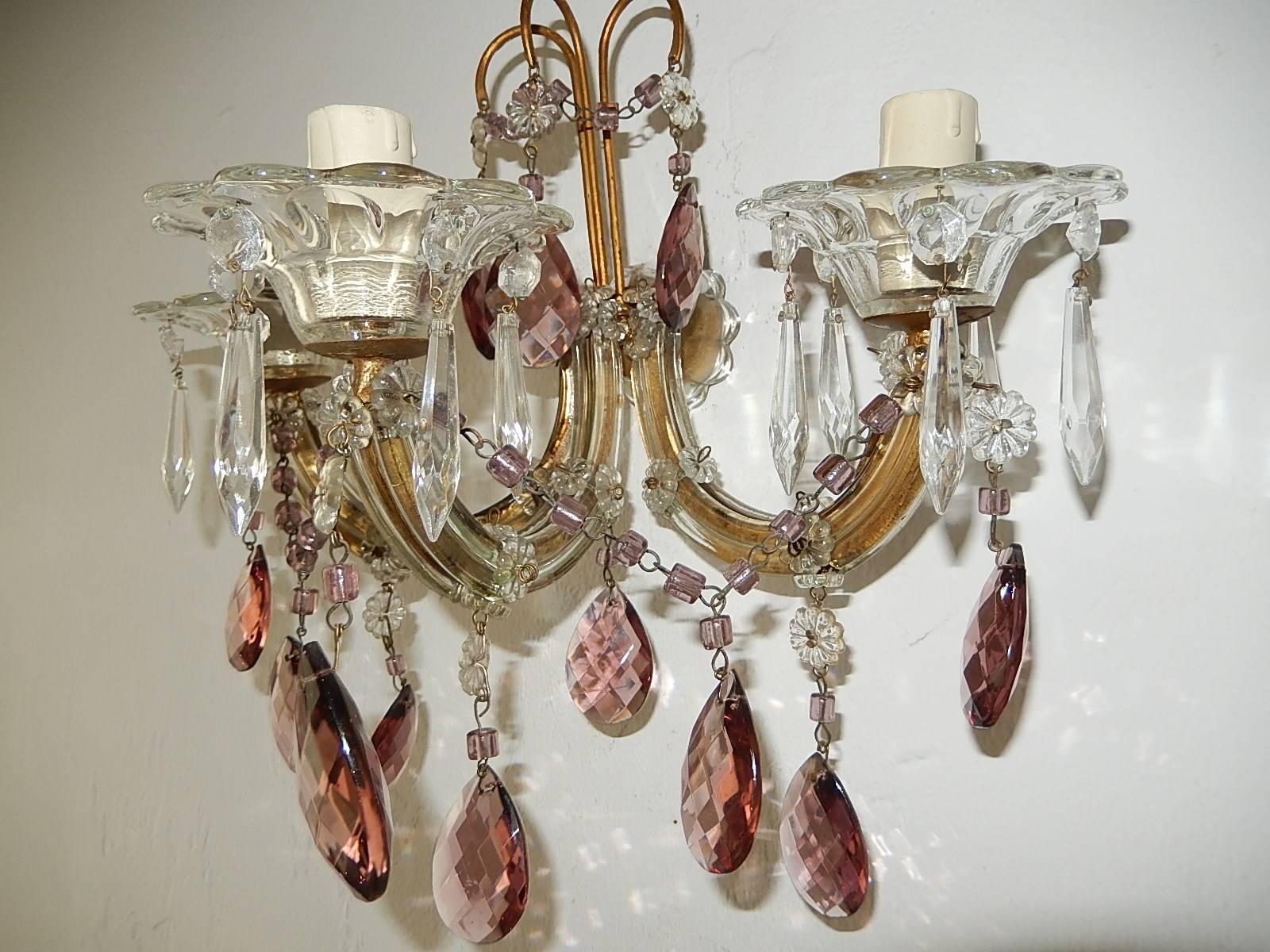 1920 French Purple Crystal Prisms and Swags Sconces 1