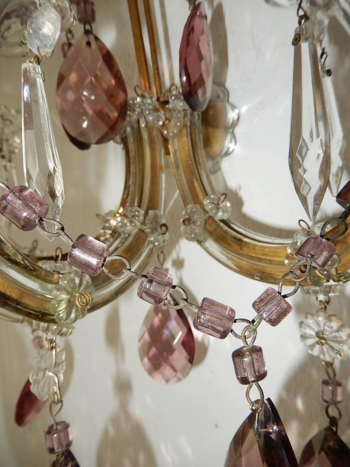 1920 French Purple Crystal Prisms and Swags Sconces 2