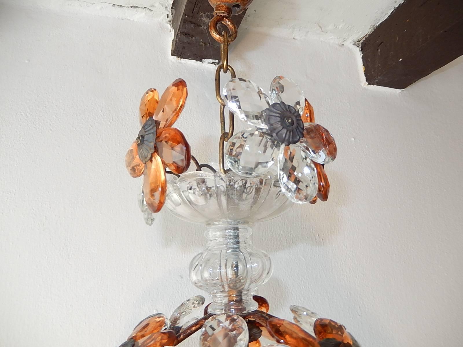 Art Deco Clear and Peach Crystal Flowers Maison Baguès Style Chandelier