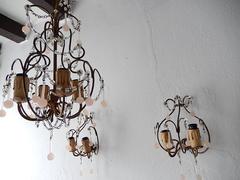 Three-Piece Set Pink Opaline Petit Sconces and Chandelier