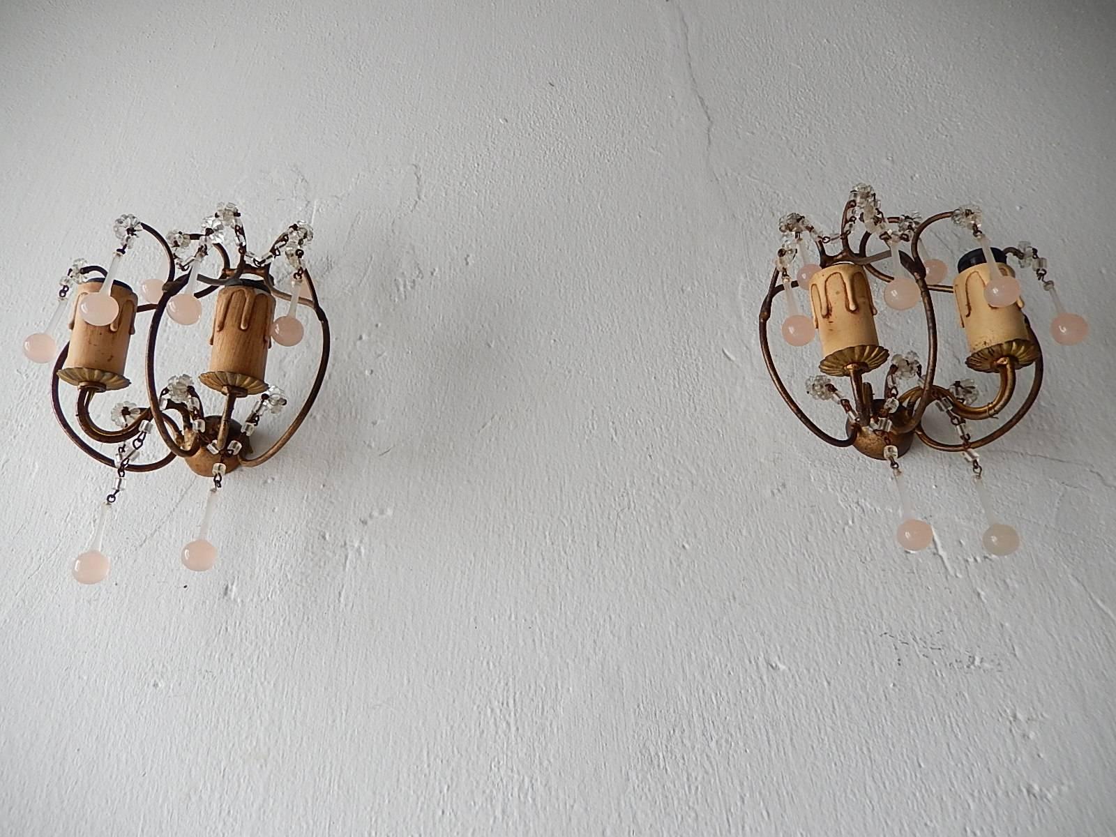 French Three-Piece Set Pink Opaline Petit Sconces and Chandelier
