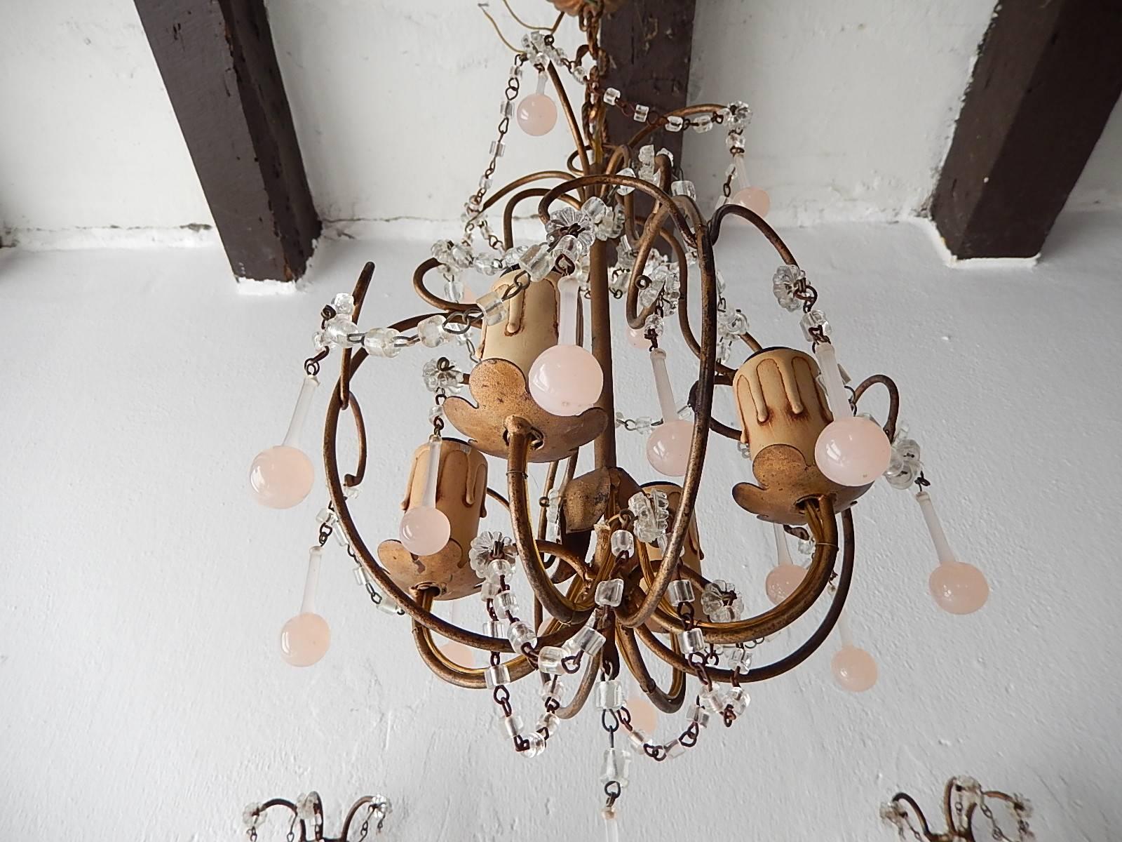 Three-Piece Set Pink Opaline Petit Sconces and Chandelier In Excellent Condition In Modena (MO), Modena (Mo)
