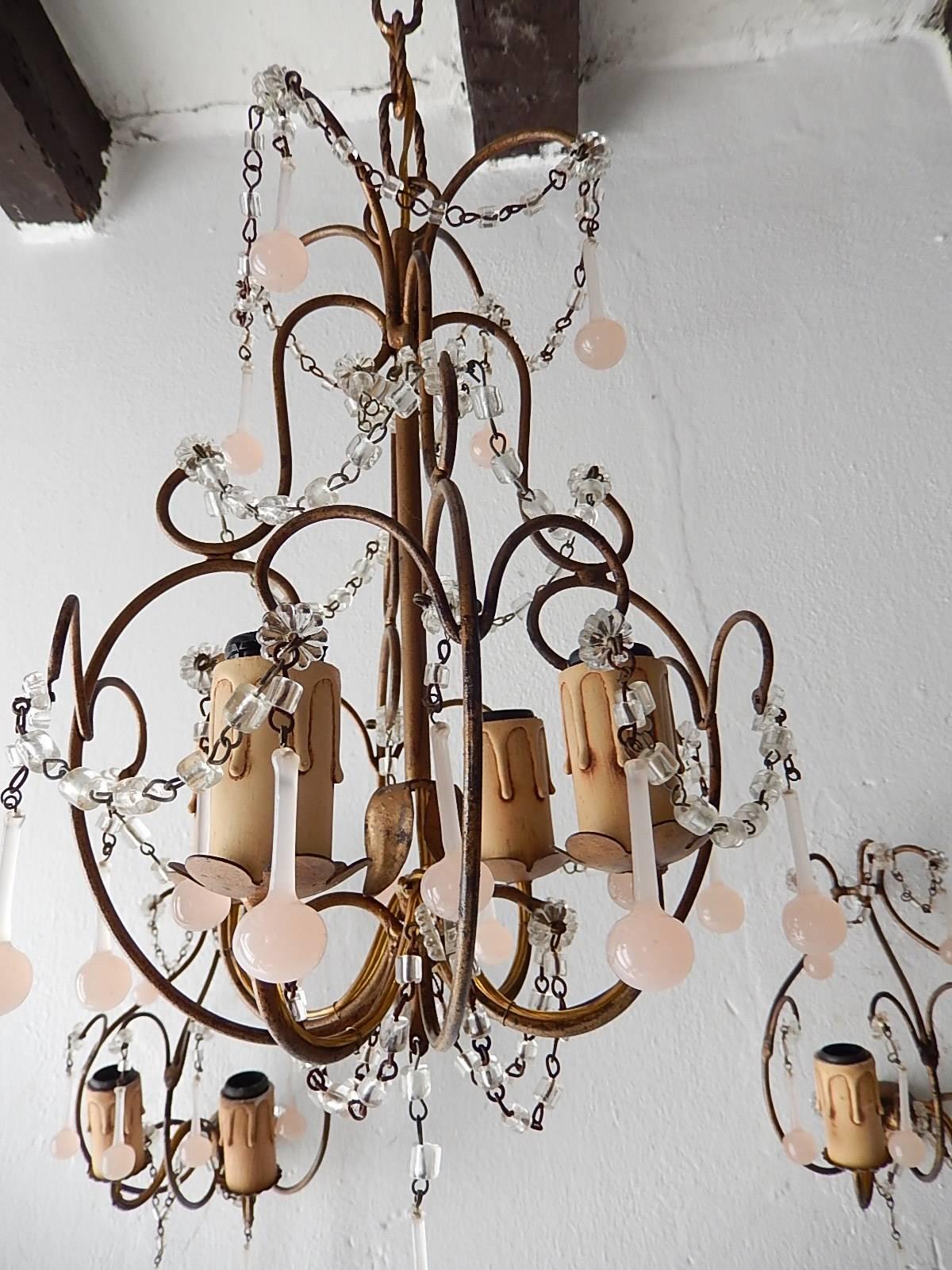 Early 20th Century Three-Piece Set Pink Opaline Petit Sconces and Chandelier