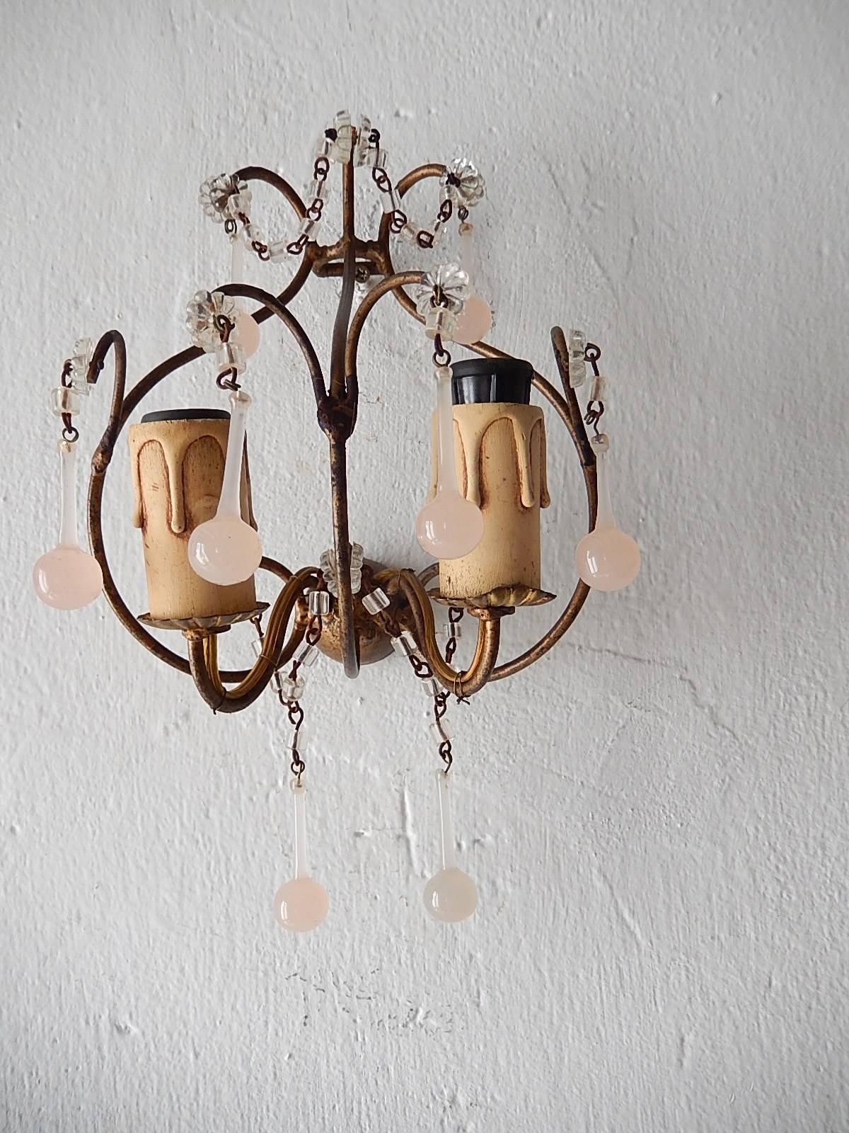 Murano Glass Three-Piece Set Pink Opaline Petit Sconces and Chandelier