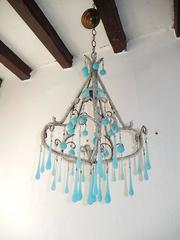 French Beaded Blue Opaline Drops & Bobeche Chandelier