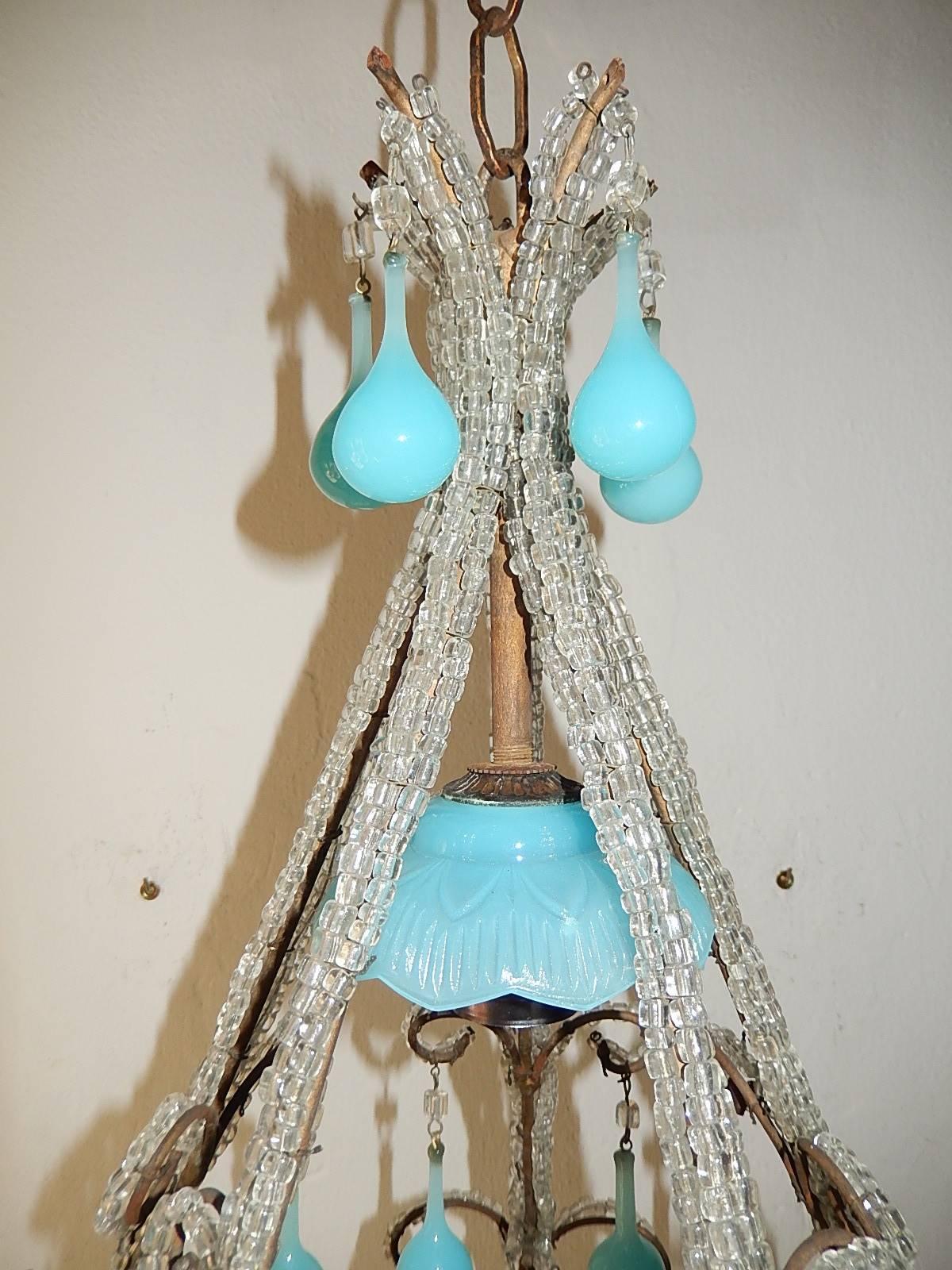 French Beaded Blue Opaline Drops & Bobeche Chandelier In Excellent Condition In Modena (MO), Modena (Mo)