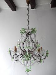 Beaded Green Maison Baguès Style Crystal Prisms and Flowers Chandelier
