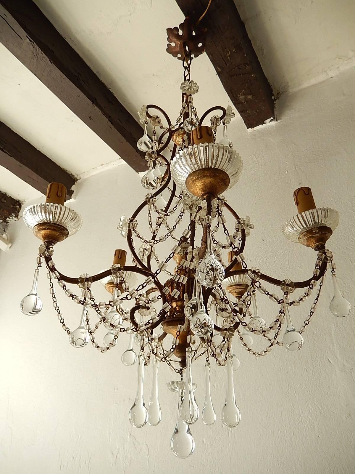French Baroque Crystal Prisms Swags Old Chandelier 3