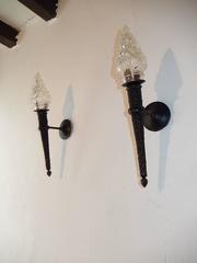 French Wrought Iron Torch Sconces Glass Flame, circa 1900