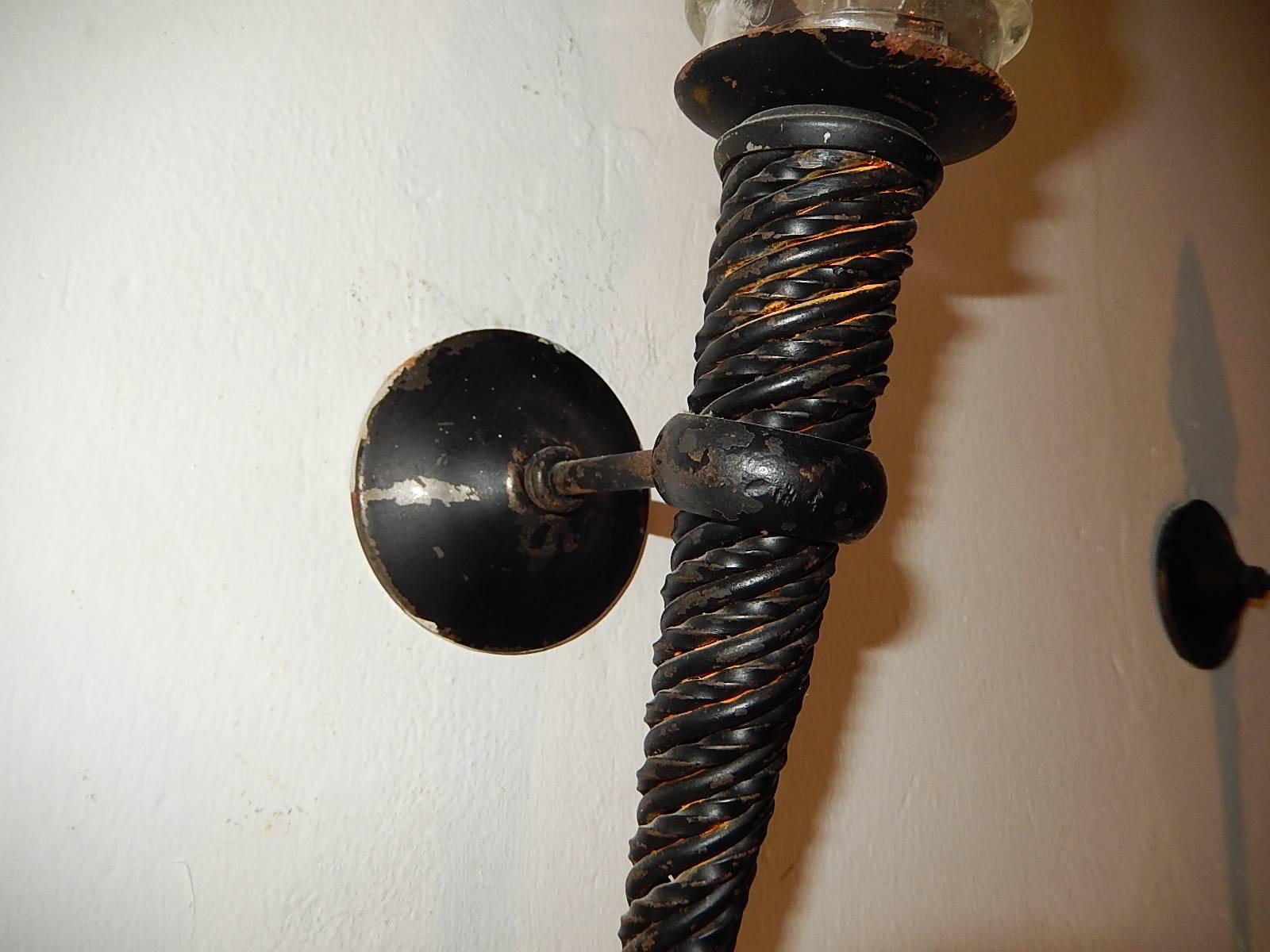 Medieval French Wrought Iron Torch Sconces Glass Flame, circa 1900
