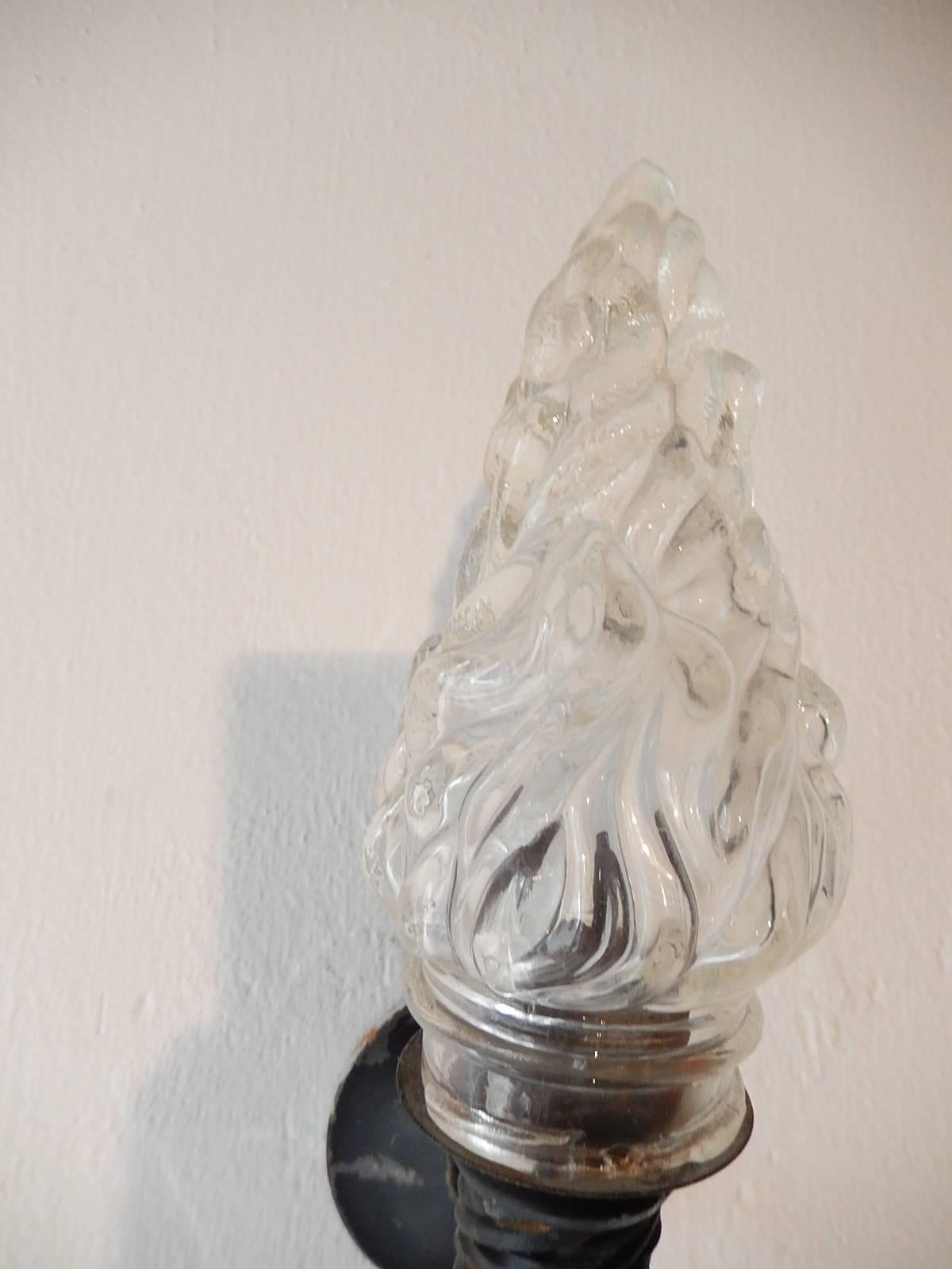 French Wrought Iron Torch Sconces Glass Flame, circa 1900 In Excellent Condition In Modena (MO), Modena (Mo)
