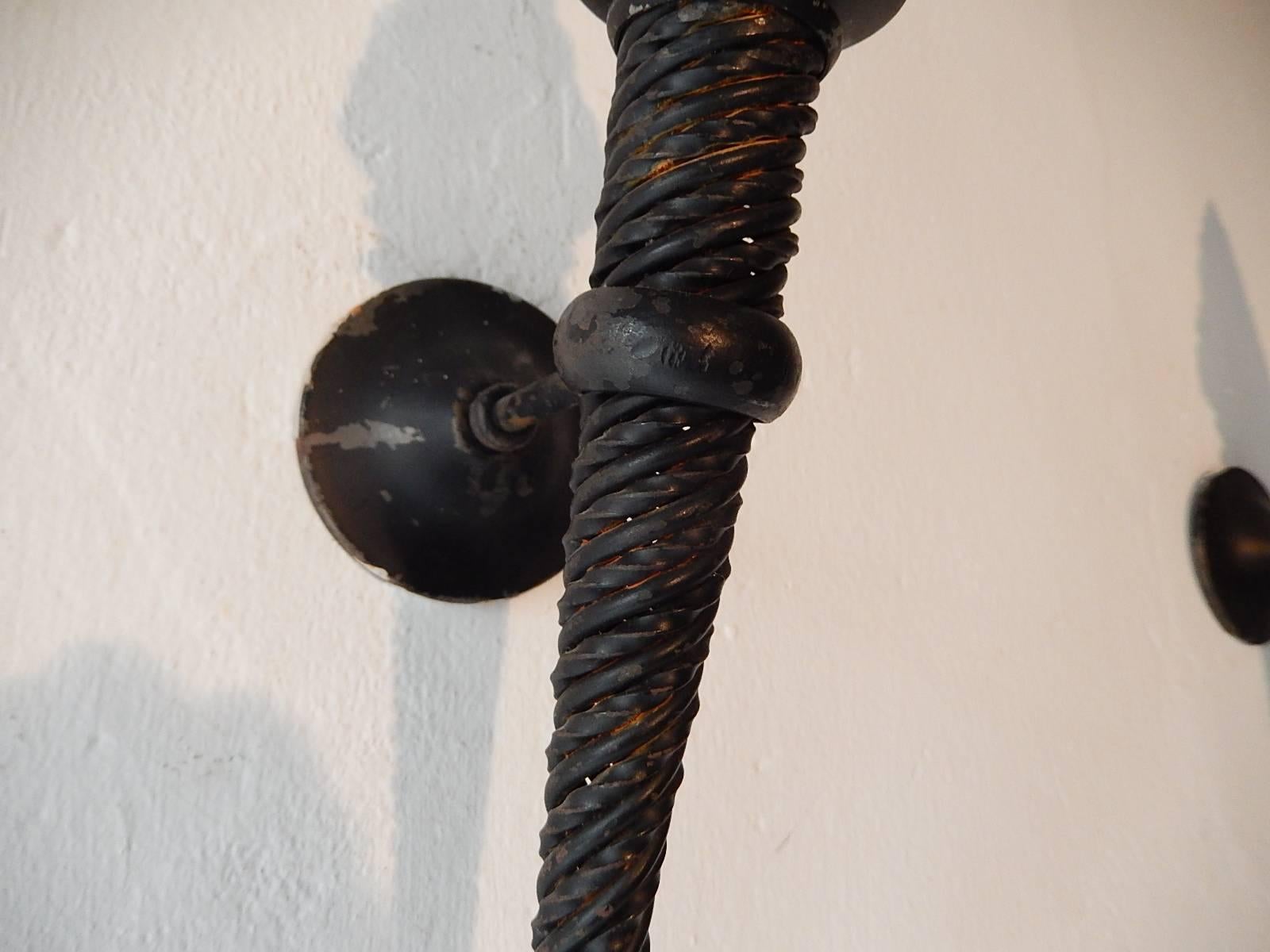 Early 20th Century French Wrought Iron Torch Sconces Glass Flame, circa 1900