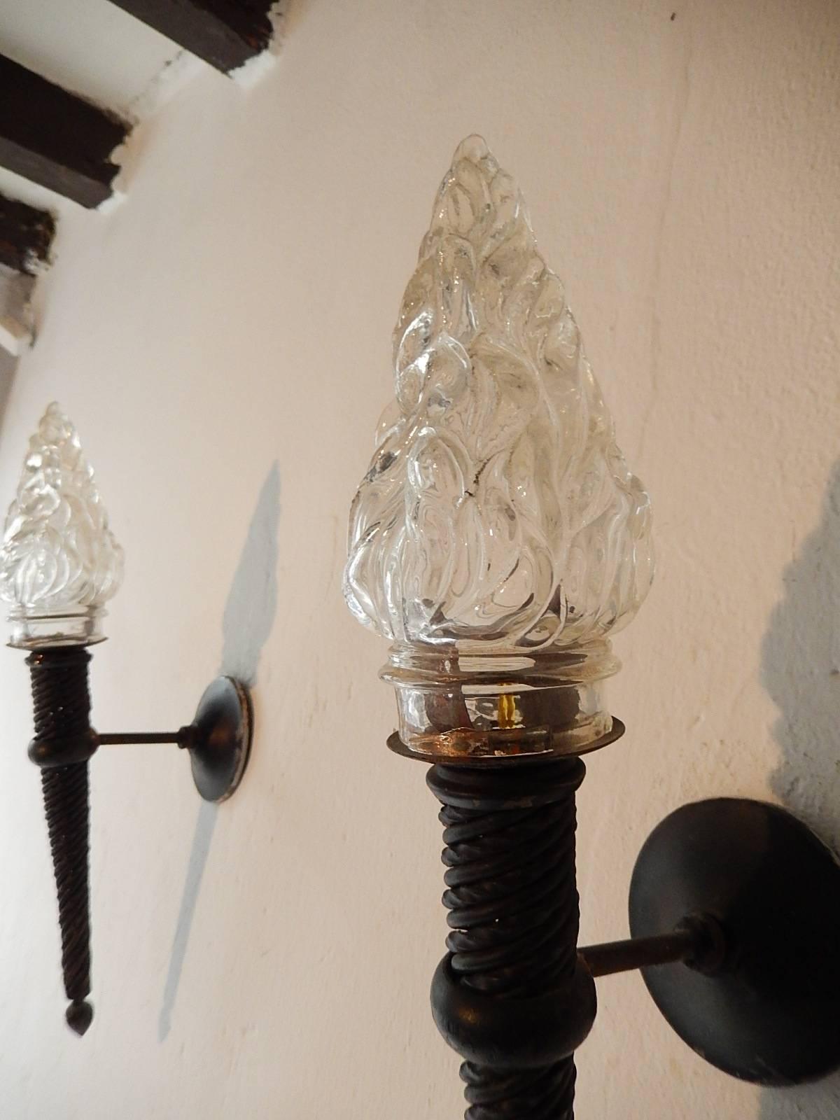 French Wrought Iron Torch Sconces Glass Flame, circa 1900 3