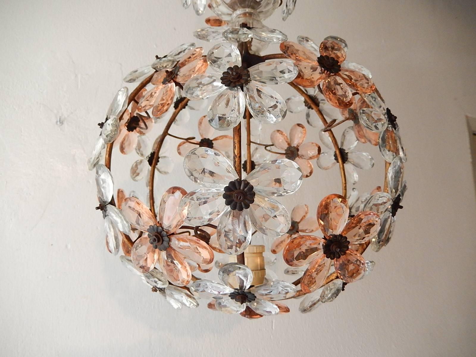 French Pink Flower Ball Crystal Prisms Maison Baguès Style Chandelier 1