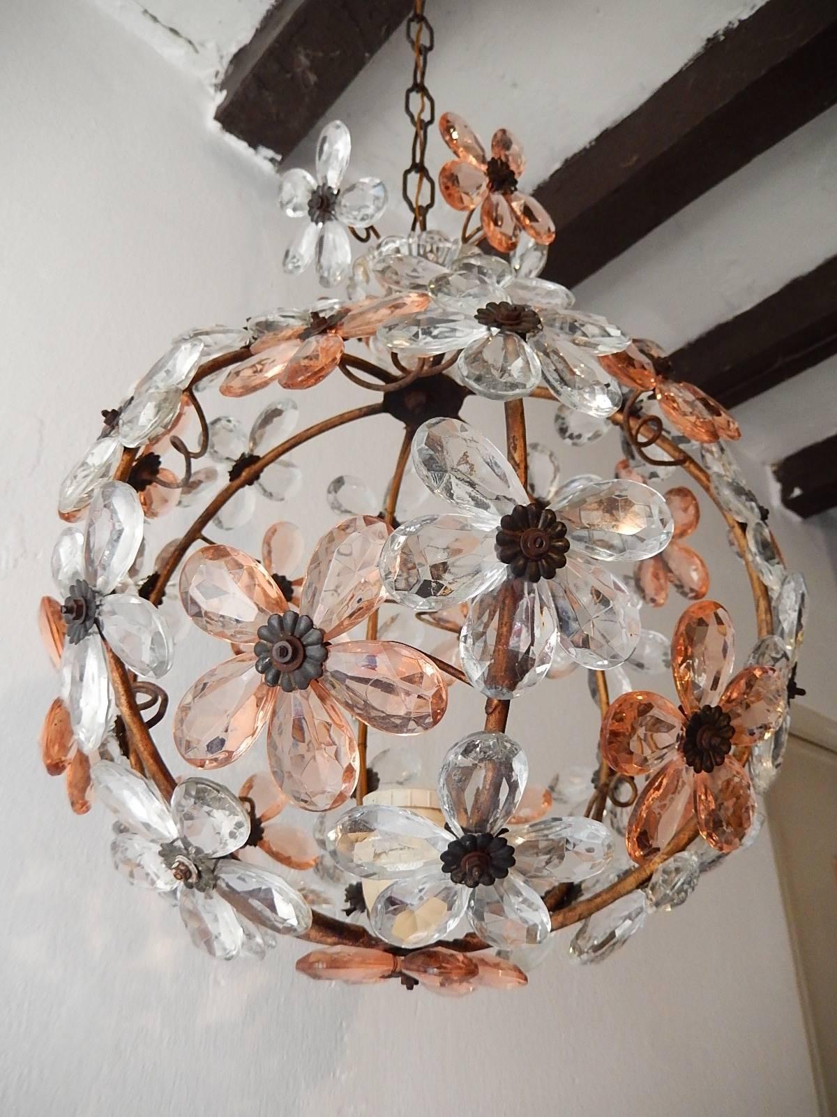 French Pink Flower Ball Crystal Prisms Maison Baguès Style Chandelier 2