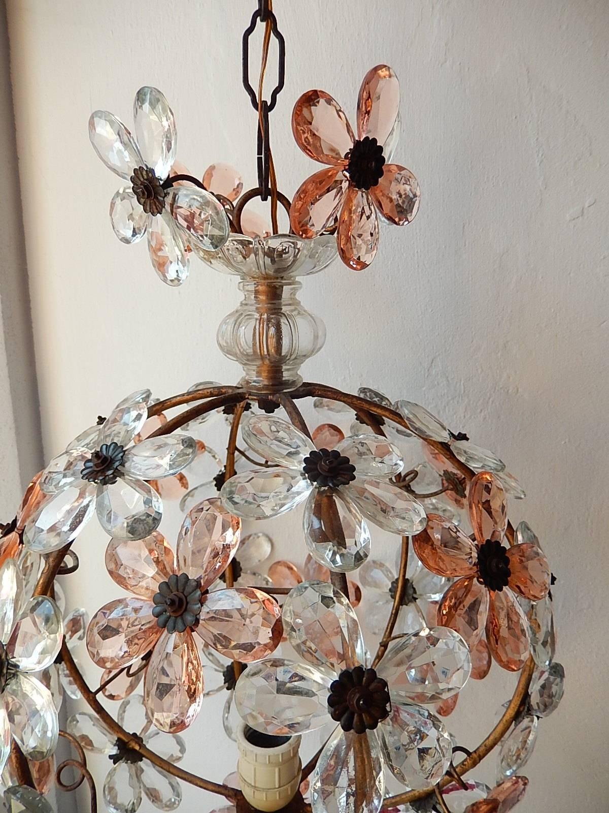 French Pink Flower Ball Crystal Prisms Maison Baguès Style Chandelier 3