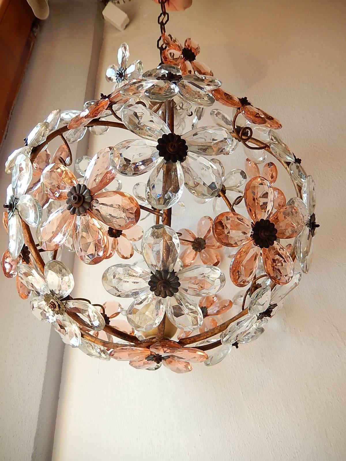 French Pink Flower Ball Crystal Prisms Maison Baguès Style Chandelier 4