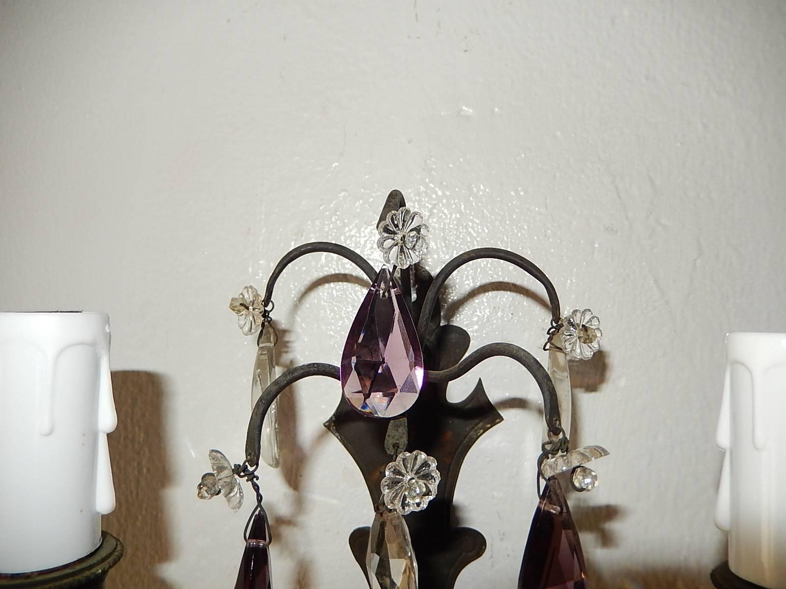 French Burnished Brass Amethyst and Clear Crystal Prisms Sconces For Sale 1