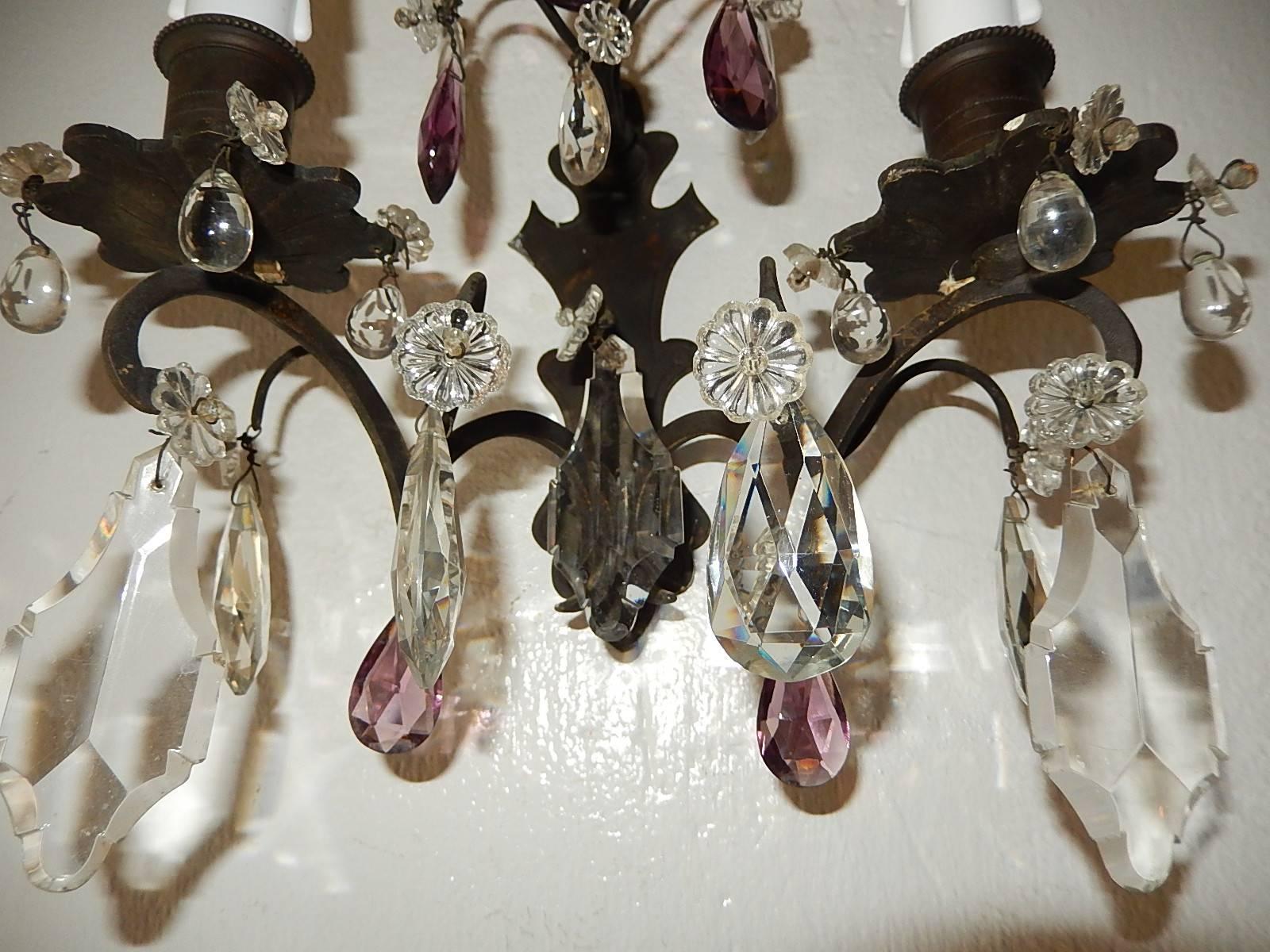 French Burnished Brass Amethyst and Clear Crystal Prisms Sconces For Sale 3