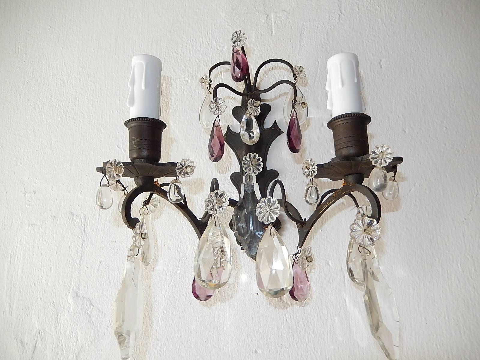 French Burnished Brass Amethyst and Clear Crystal Prisms Sconces For Sale 4
