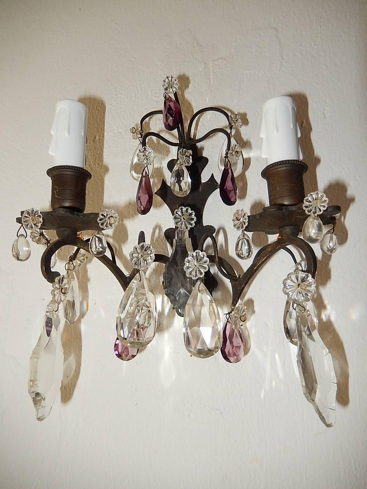 French Burnished Brass Amethyst and Clear Crystal Prisms Sconces For Sale 5