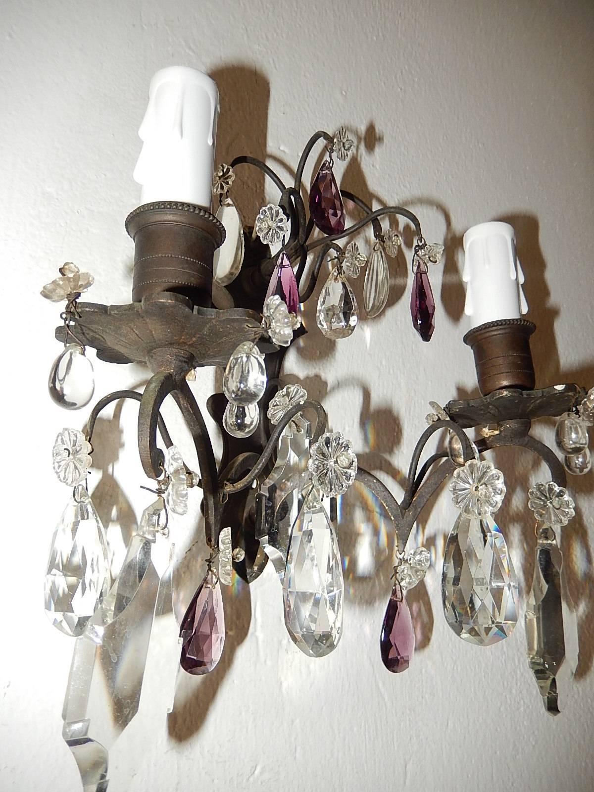 French Burnished Brass Amethyst and Clear Crystal Prisms Sconces For Sale 6