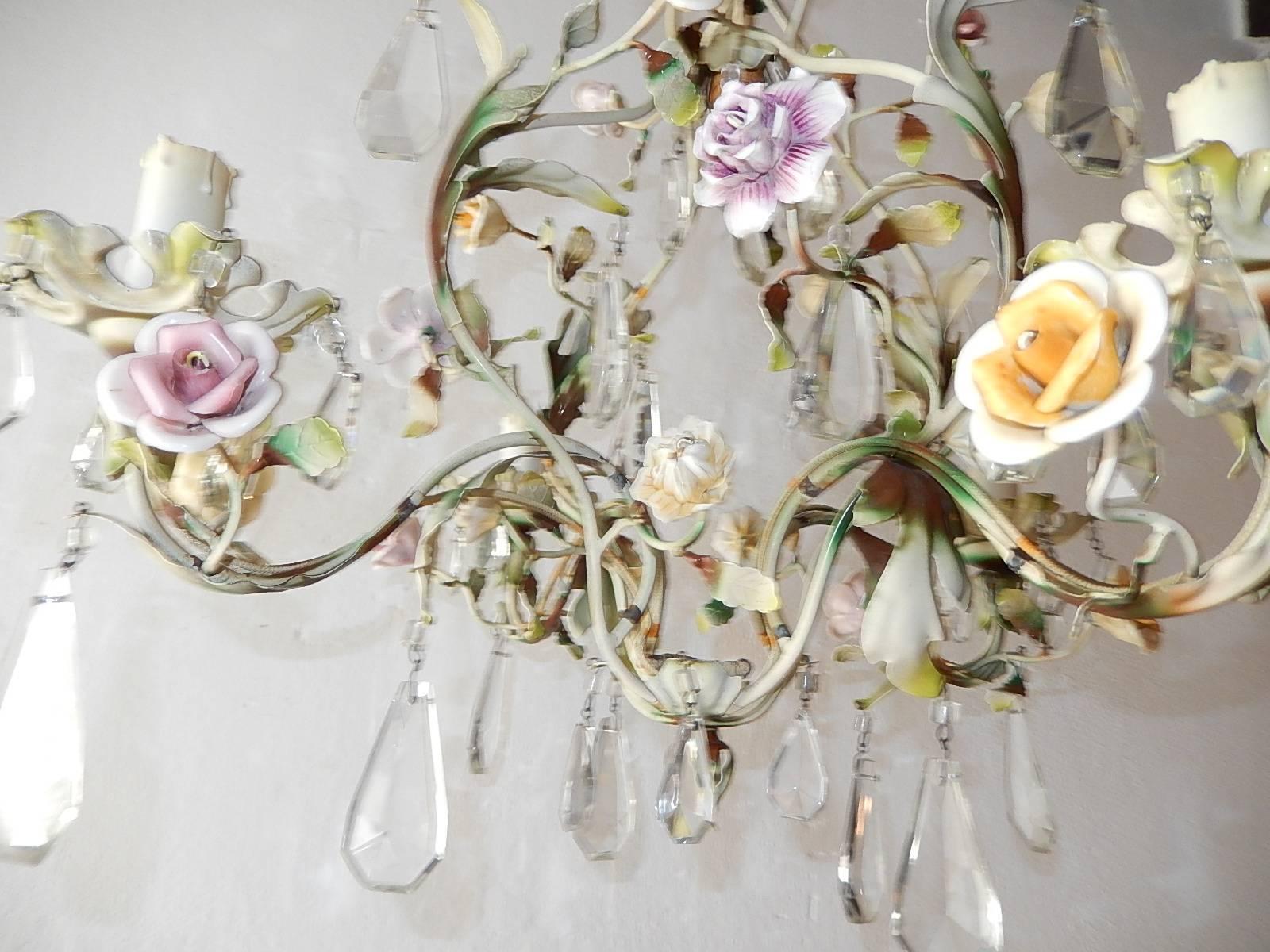 Early 20th Century French Porcelain Flowers Tole and Crystal Prisms Chandelier
