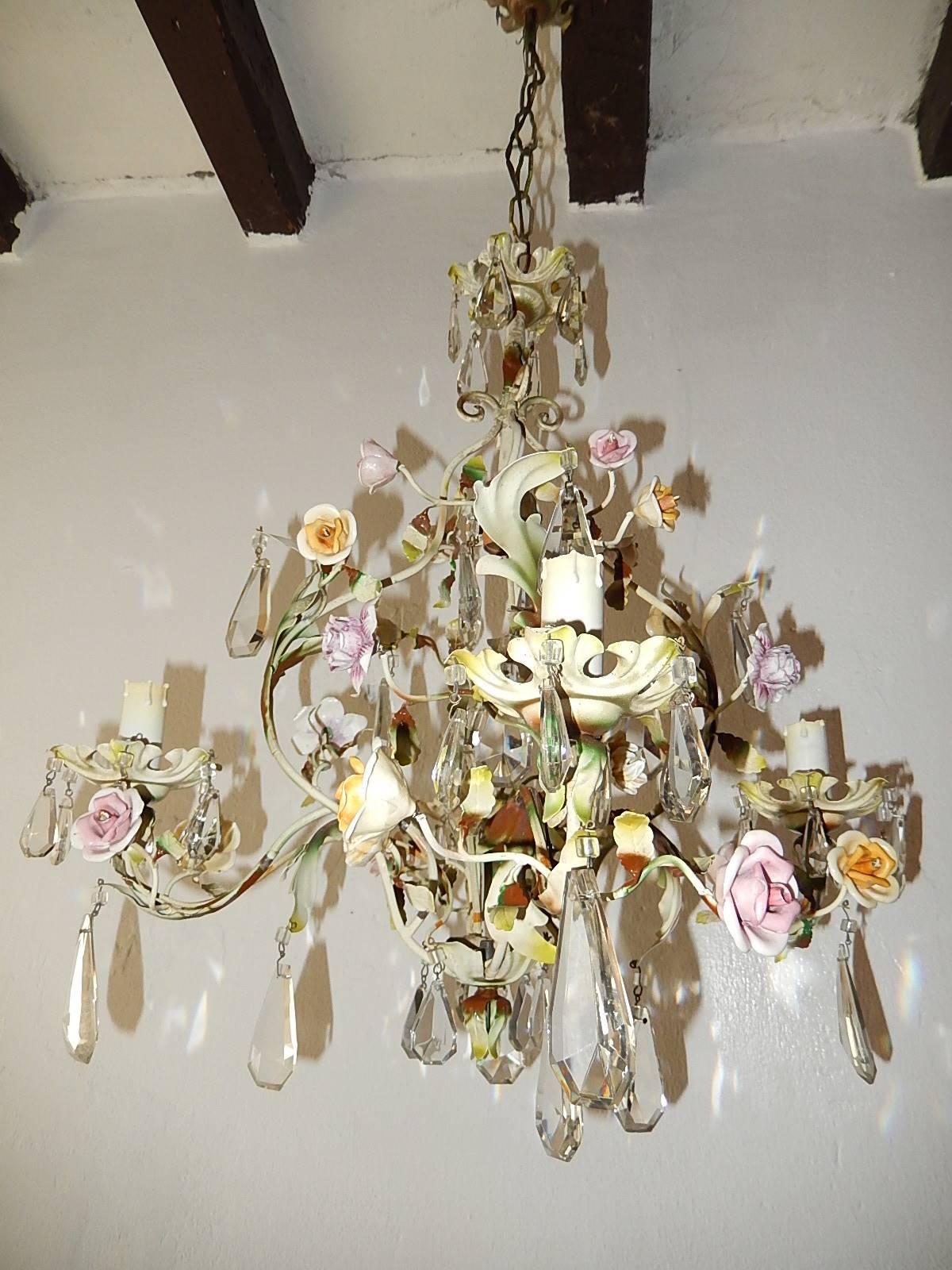 French Porcelain Flowers Tole and Crystal Prisms Chandelier 2