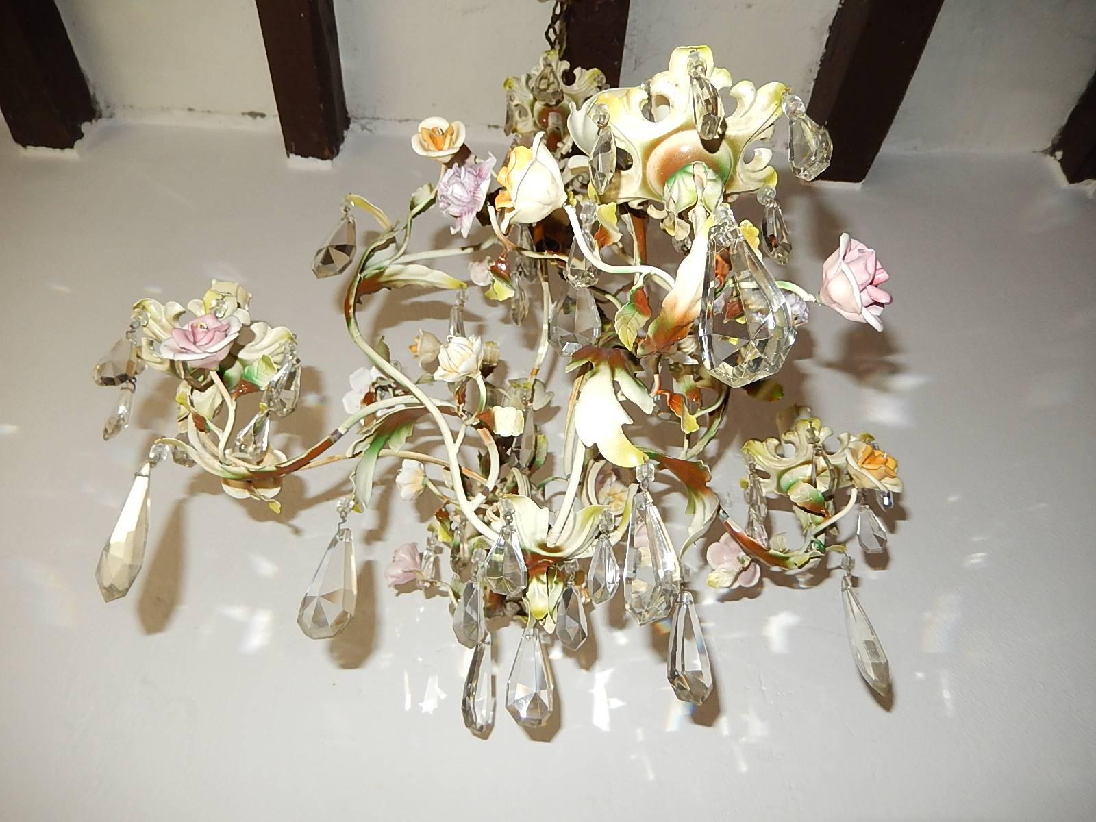 French Porcelain Flowers Tole and Crystal Prisms Chandelier 3