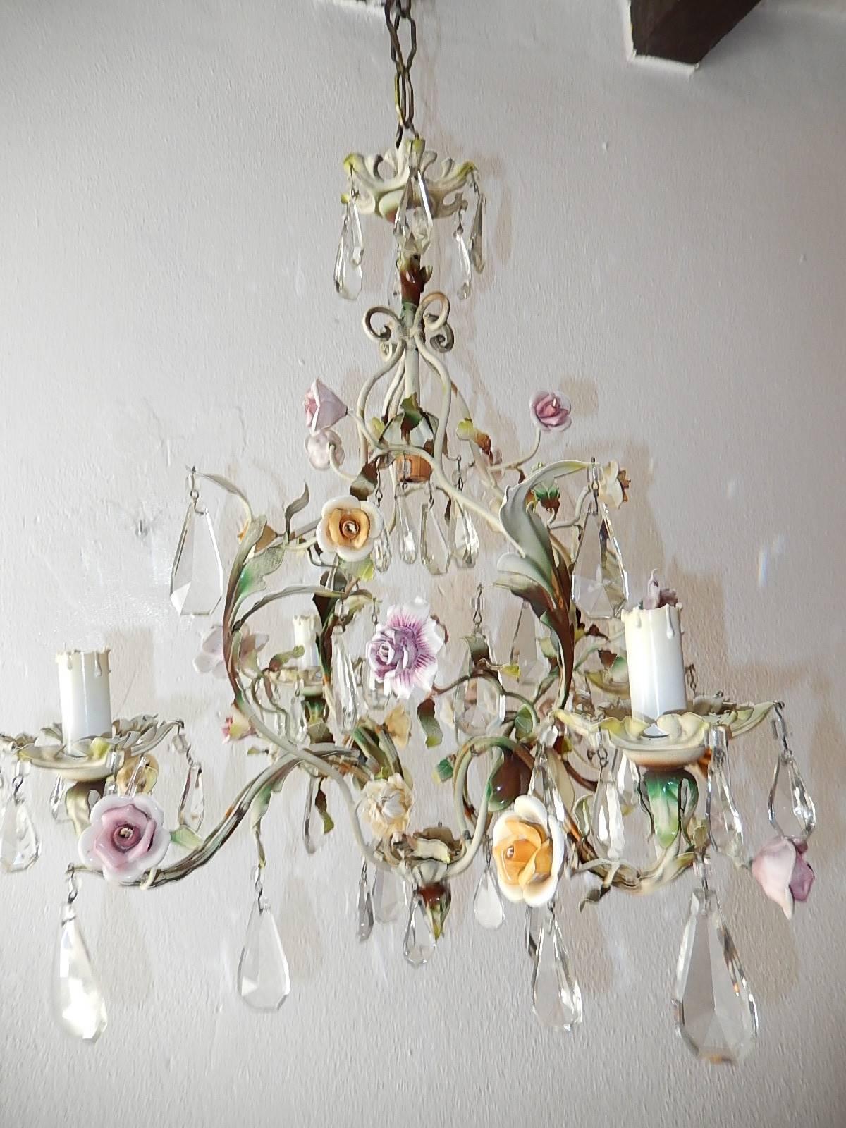 French Porcelain Flowers Tole and Crystal Prisms Chandelier 4