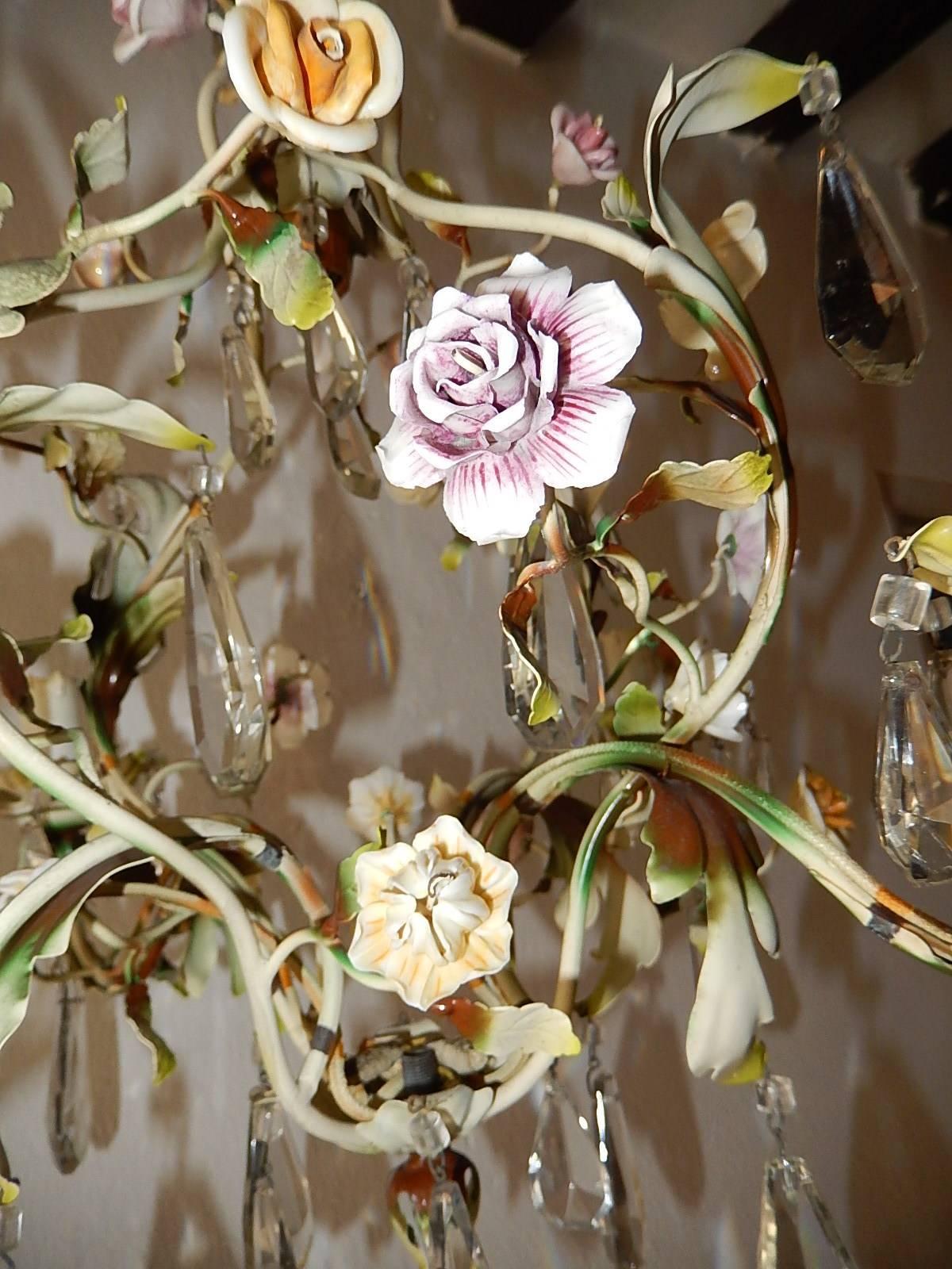 French Porcelain Flowers Tole and Crystal Prisms Chandelier 5