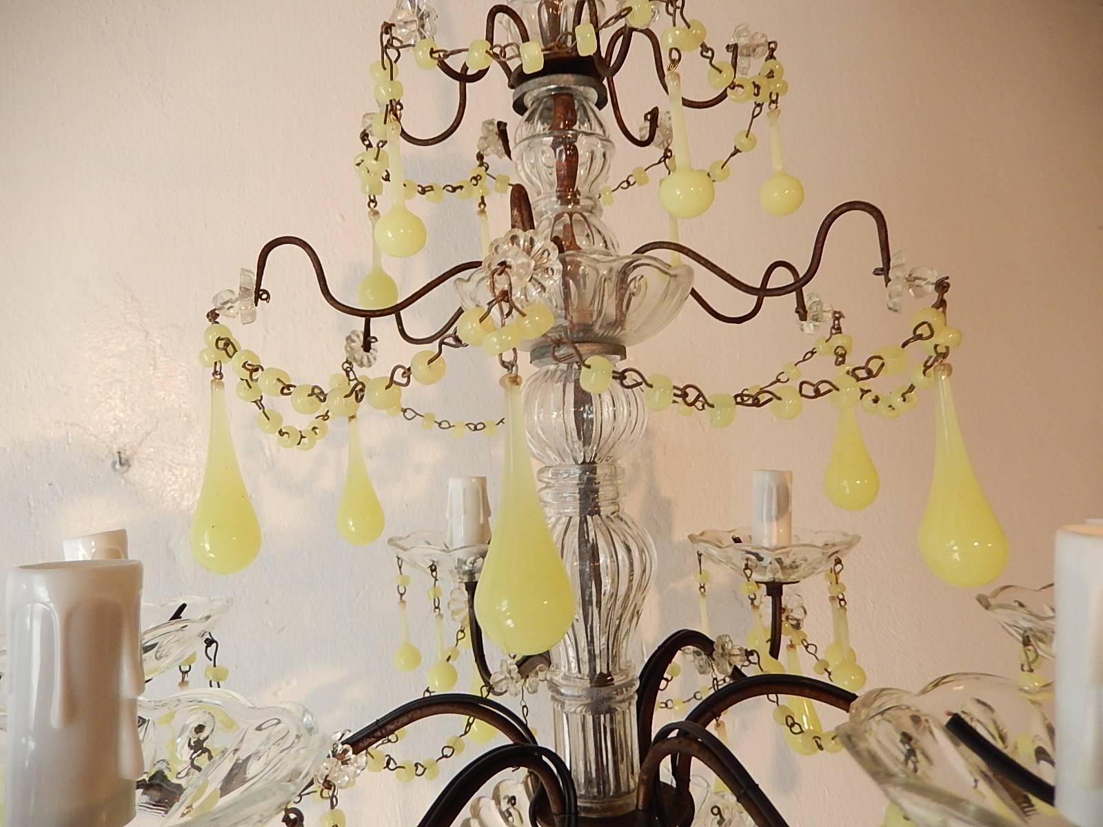 Early 20th Century Yellow Opaline Drops and Beads French Chandelier