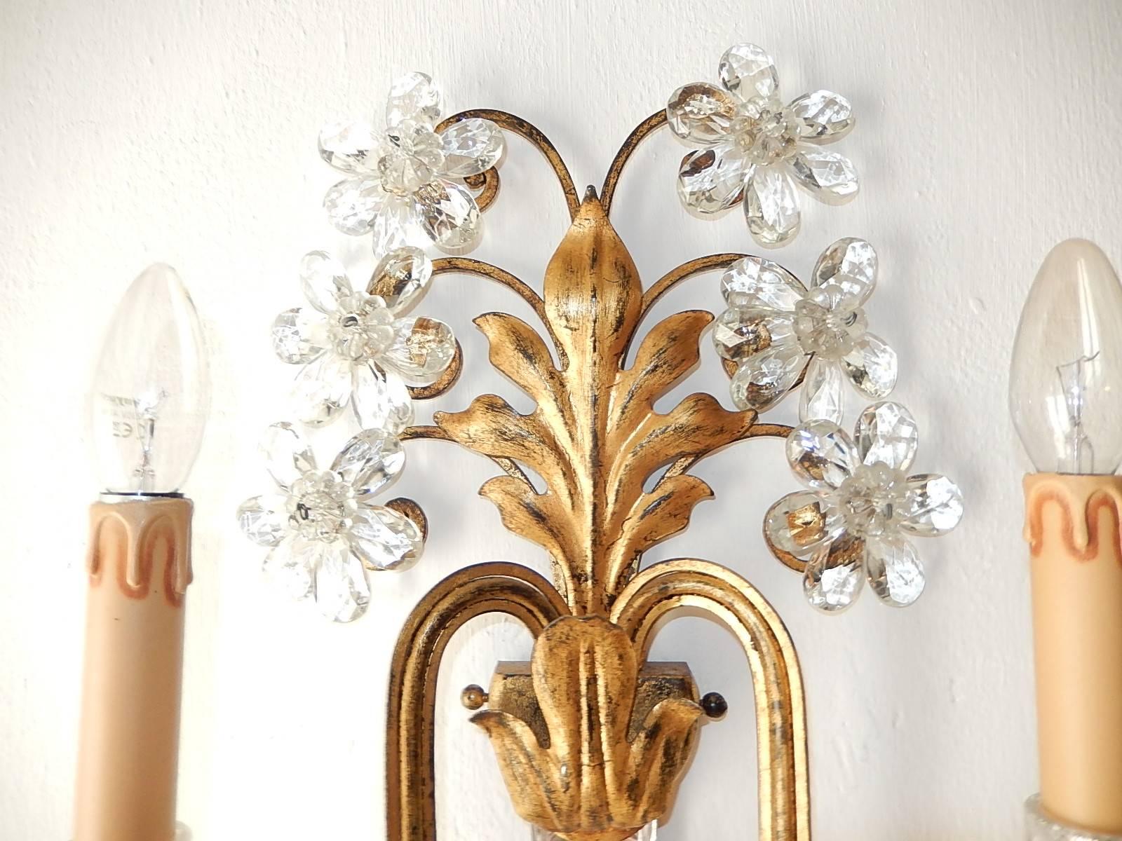 Mid-20th Century Huge Maison Bagues Style Crystal Flower Sconces, circa 1940
