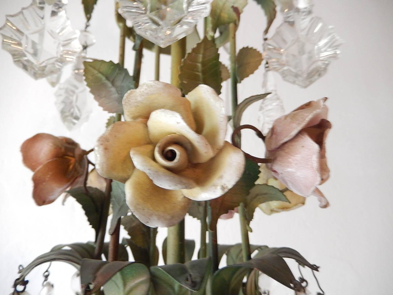 1920 French Porcelain Roses and Crystals Chandelier 2