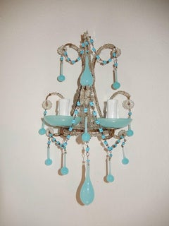 1920 French Aqua Blue Opaline Beaded Sconces