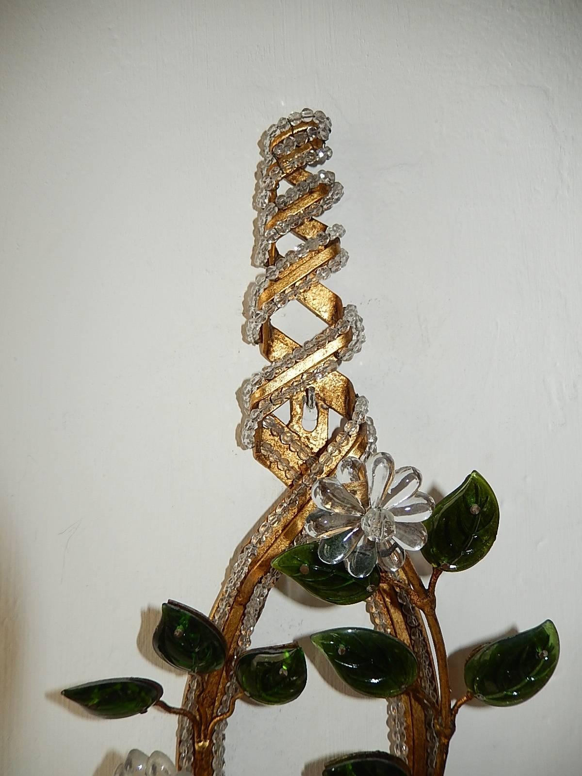 Bronze French Maison Baguès Style Clear with Green Leaves Beaded Sconces