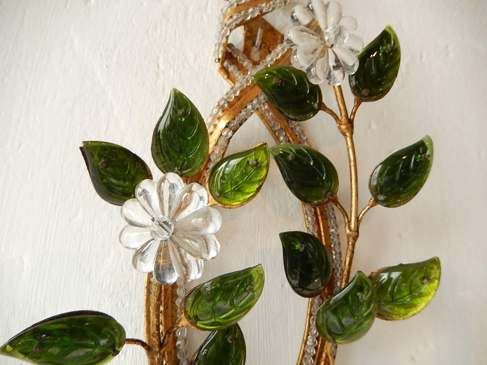 French Maison Baguès Style Clear with Green Leaves Beaded Sconces 3
