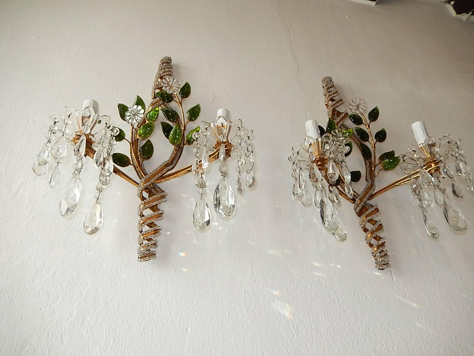 Mid-20th Century French Maison Baguès Style Clear with Green Leaves Beaded Sconces
