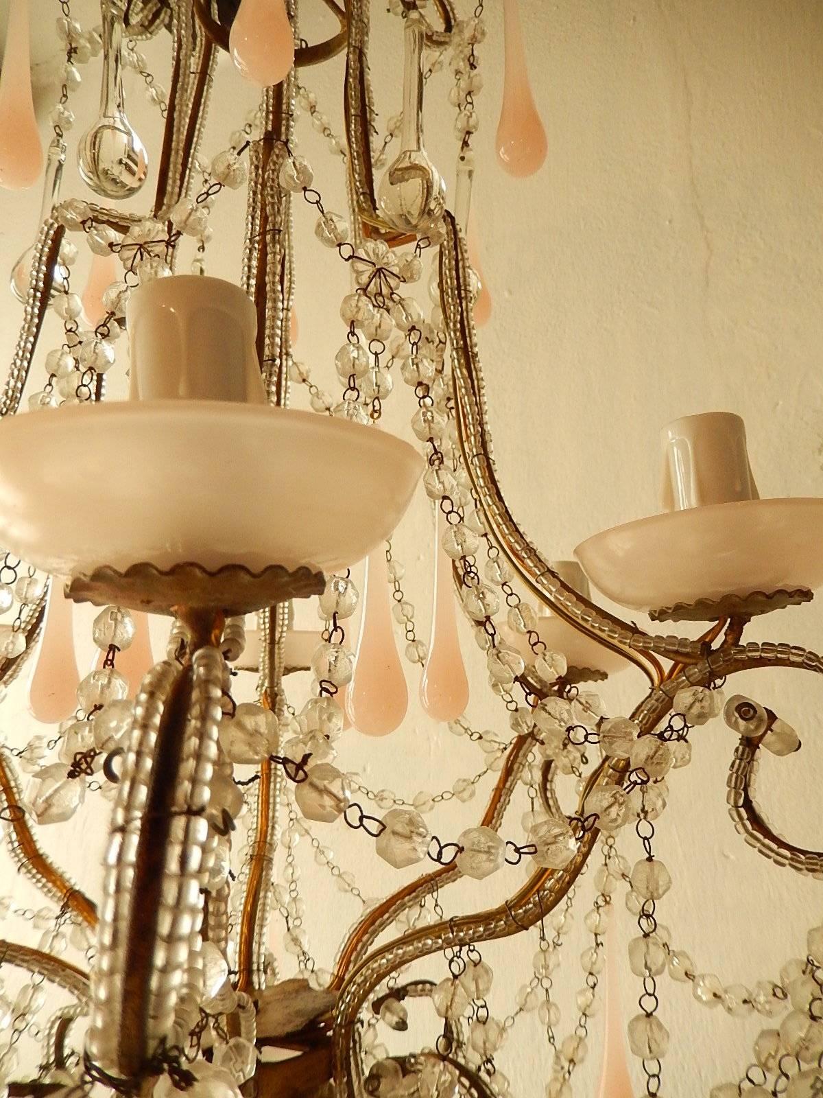 Early 20th Century French Pink Opaline Murano Drops & Bobeches Beaded Chandelier