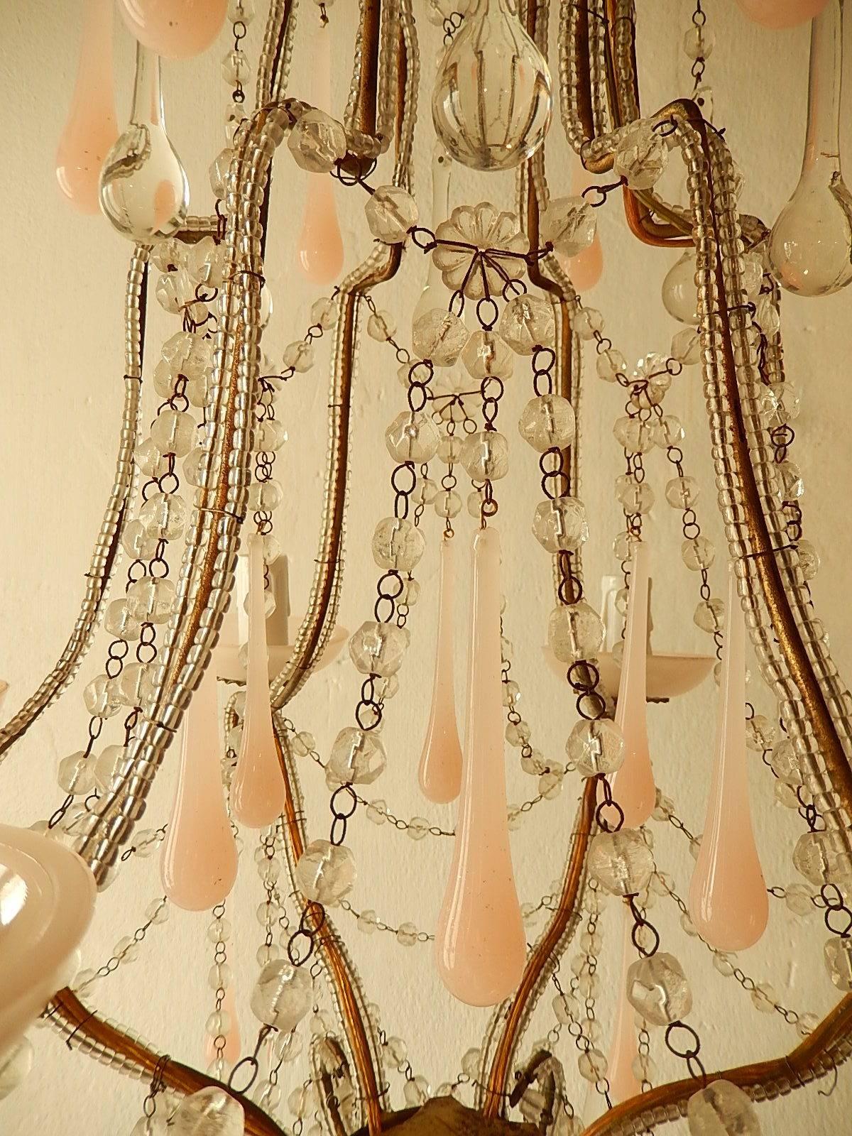 French Pink Opaline Murano Drops & Bobeches Beaded Chandelier 1
