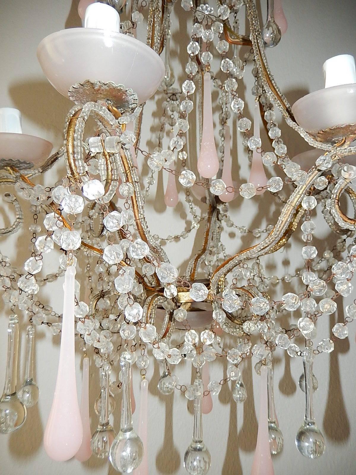 French Pink Opaline Murano Drops & Bobeches Beaded Chandelier 3