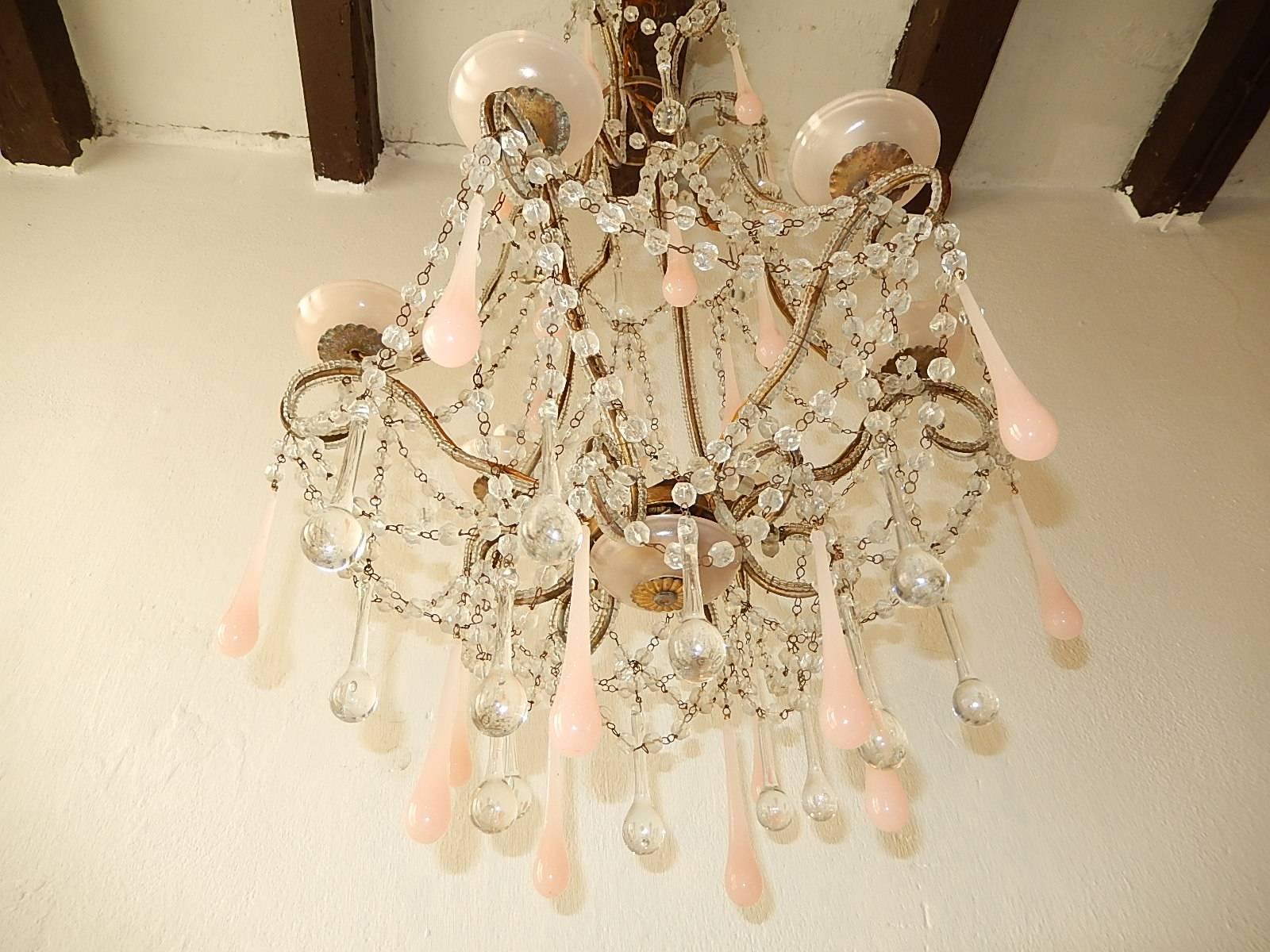 French Pink Opaline Murano Drops & Bobeches Beaded Chandelier In Excellent Condition In Modena (MO), Modena (Mo)