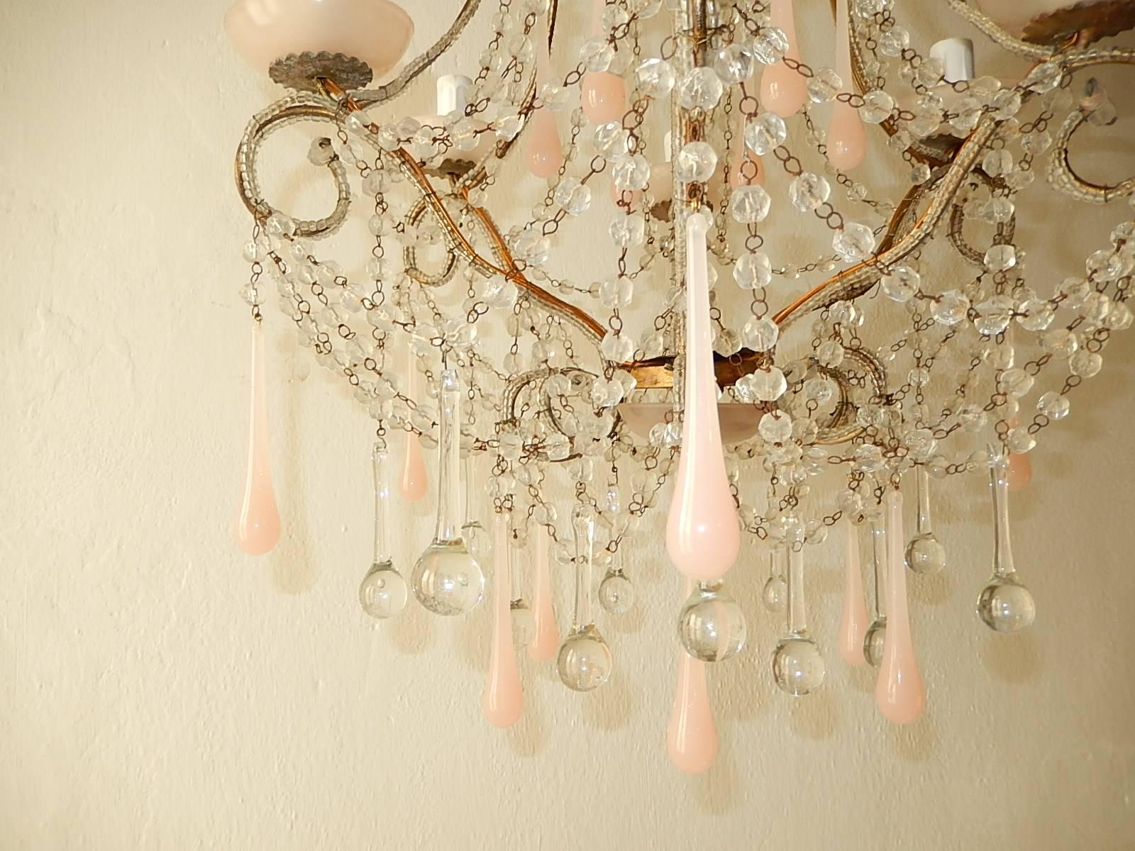 French Pink Opaline Murano Drops & Bobeches Beaded Chandelier 2