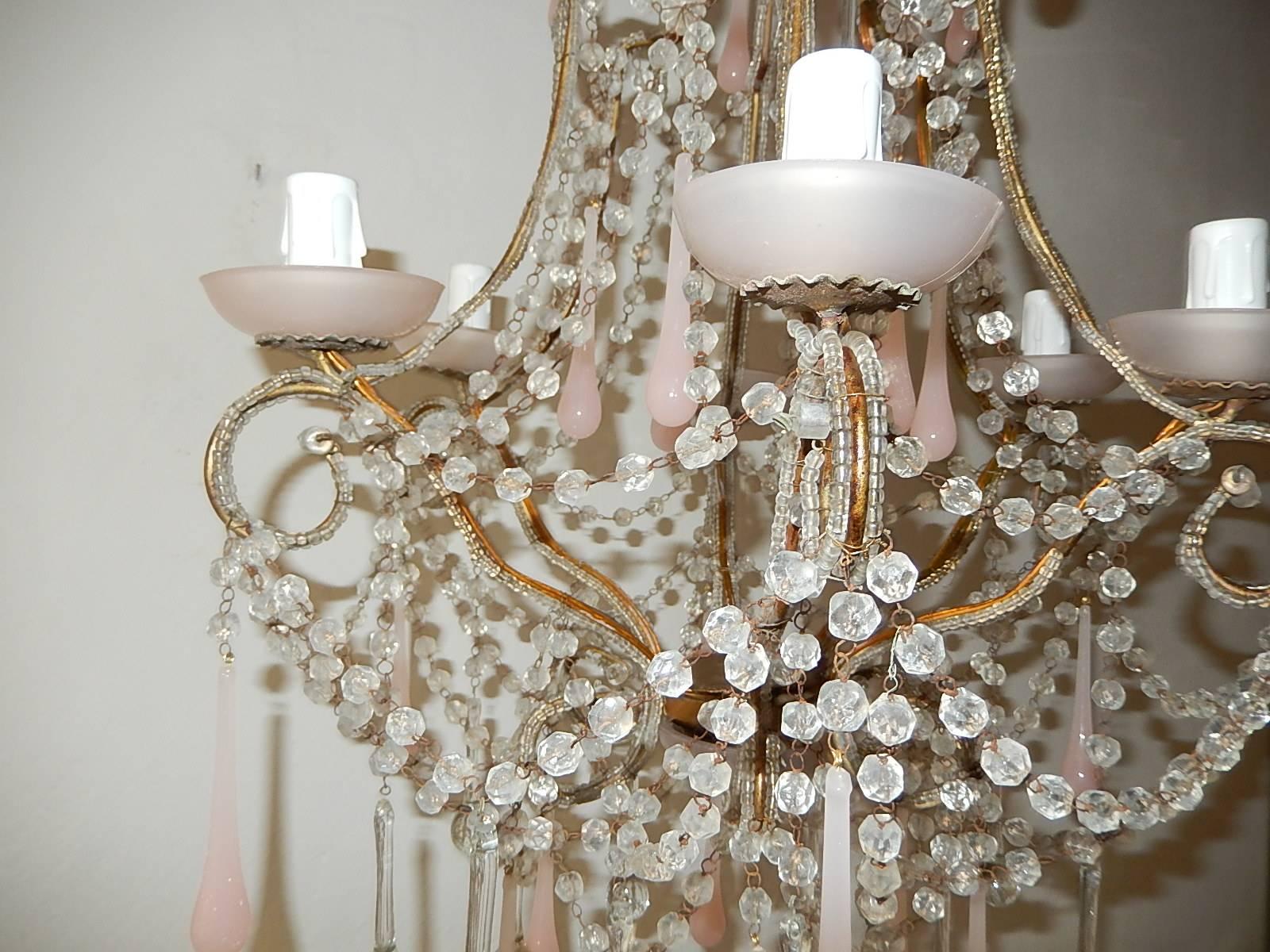 French Pink Opaline Murano Drops & Bobeches Beaded Chandelier 4