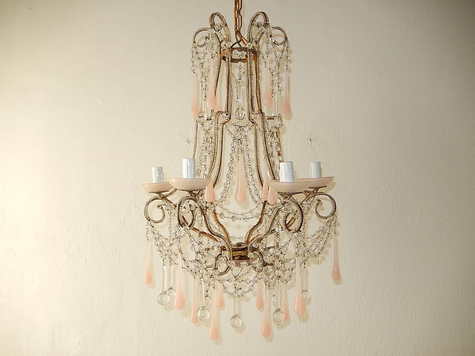 French Pink Opaline Murano Drops & Bobeches Beaded Chandelier 5