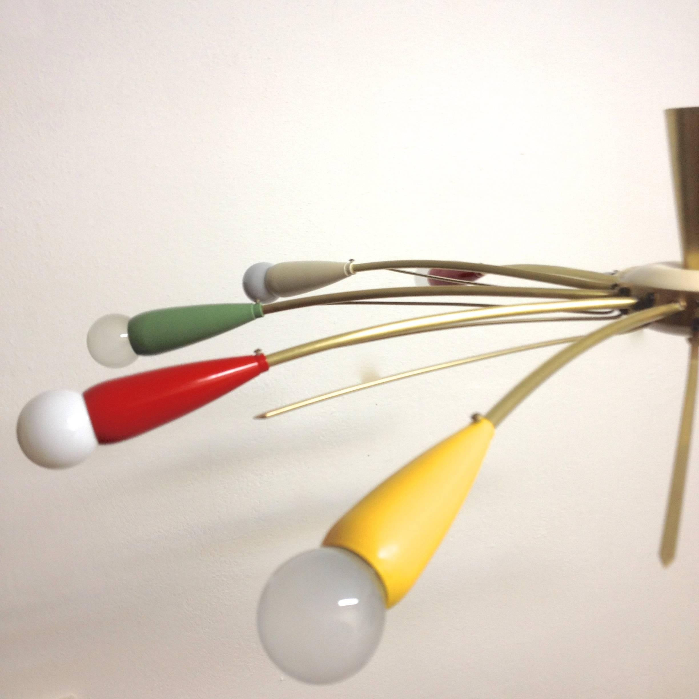 Multi-Color Mid-Century Stilnovo Style 12-Arm Sputnik Chandelier, Italy In Excellent Condition In Hem, NL
