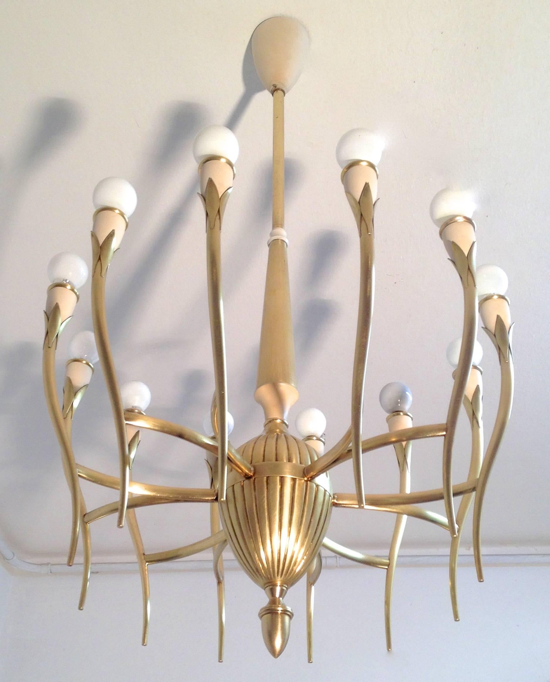 Lacquered Brass 12 rm chandelier, Italy  For Sale